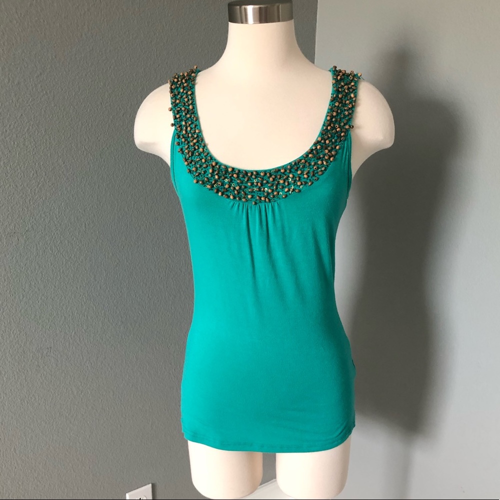 Kenzie Girl Beaded Viscose Teal Green Tank Top Blouse